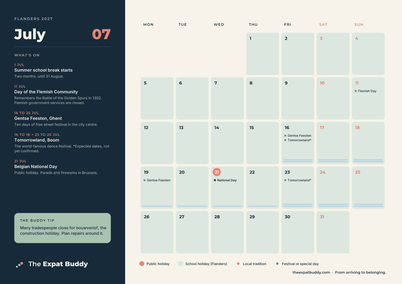 A sample July page from the Flanders Calendar 2027, showing public holidays, festivals and school breaks